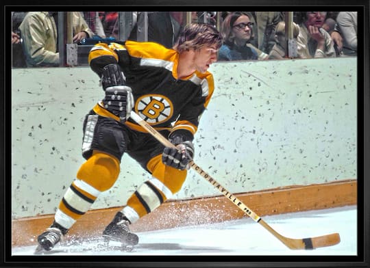 Bobby Orr Boston Bruins Framed 20" x 29" Skating Black Jersey Canvas 31.5" x 22.5"